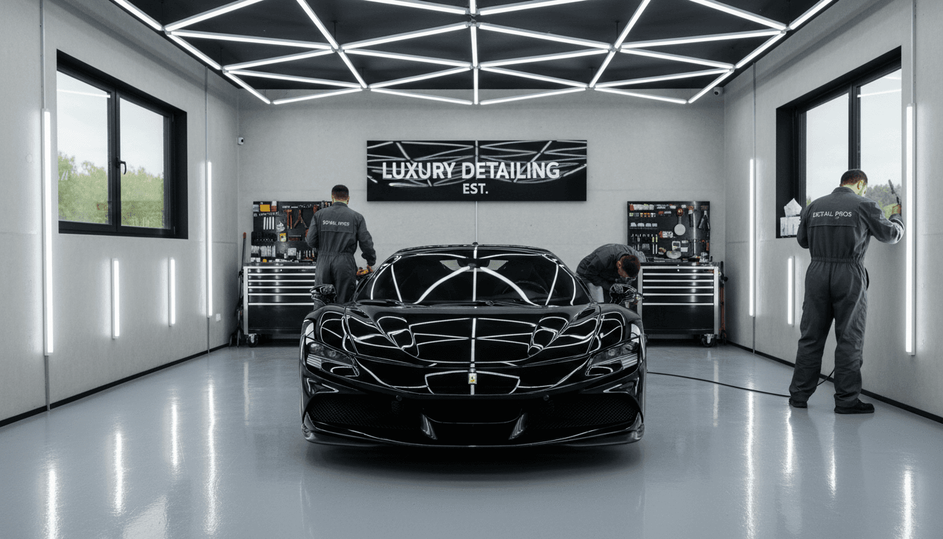 Luxury sedan inside a clean professional auto detailing workshop with bright overhead lights