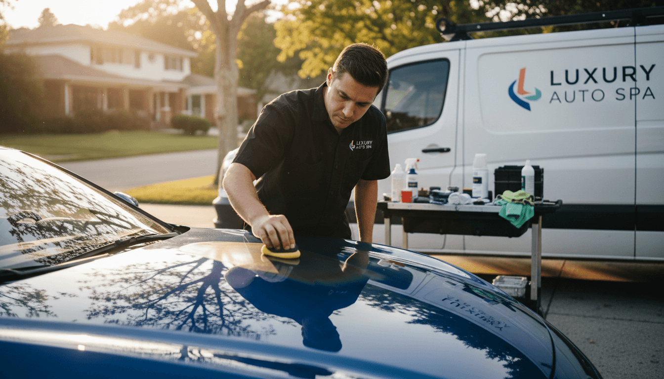 Detailer applying ceramic coating to a car hood with a microfiber applicator