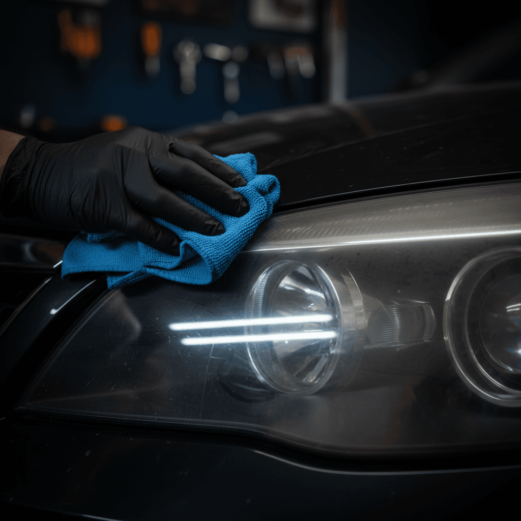 Polishing a car headlight, half restored and half cloudy