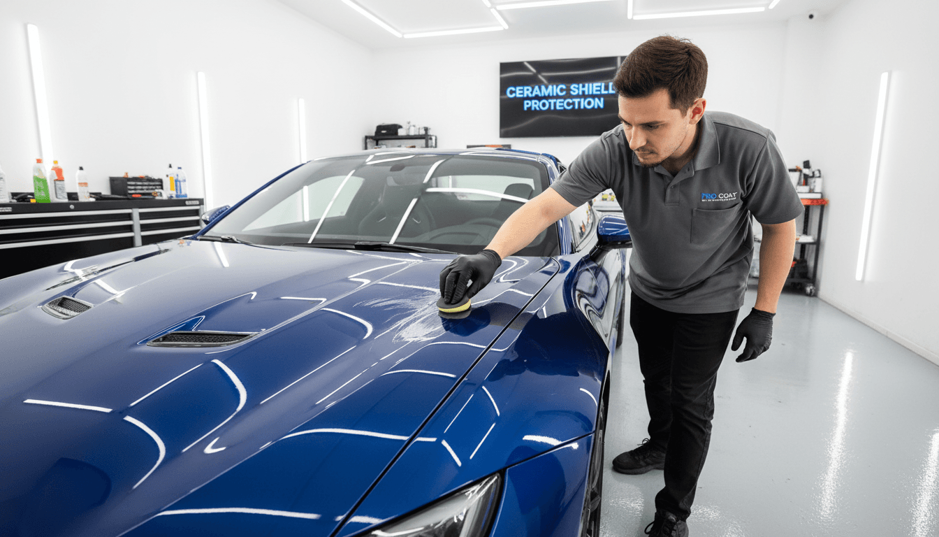 Detailer carefully applying ceramic coating to a vehicle panel in a clean shop