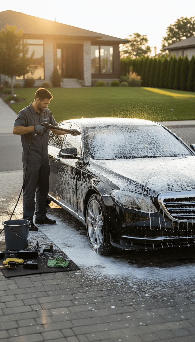 Smoking Details detailer hand washing a car in Davie driveway
