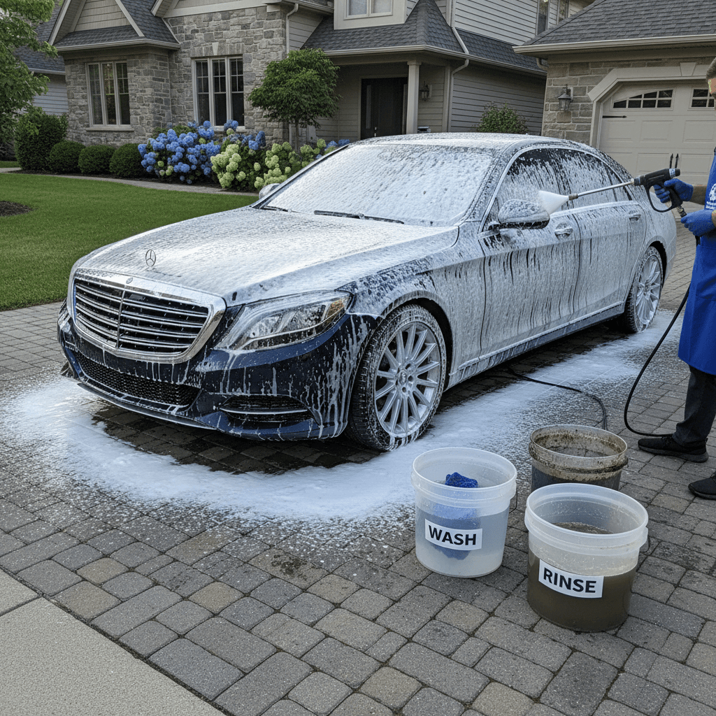 Foam cannon covering a car with suds during a hand wash detail
