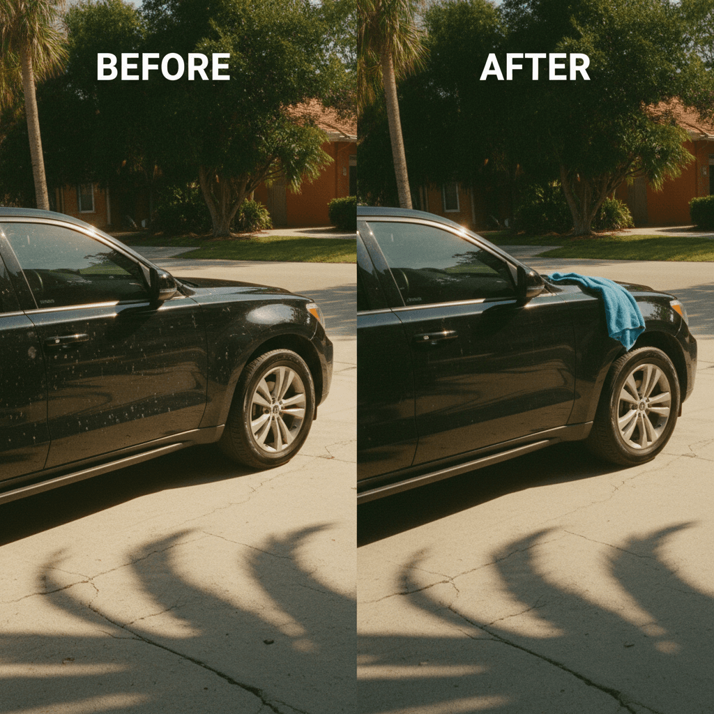 Black SUV in a Davie driveway, one side showing swirl marks and the other showing a mirror-like ceramic gloss finish.