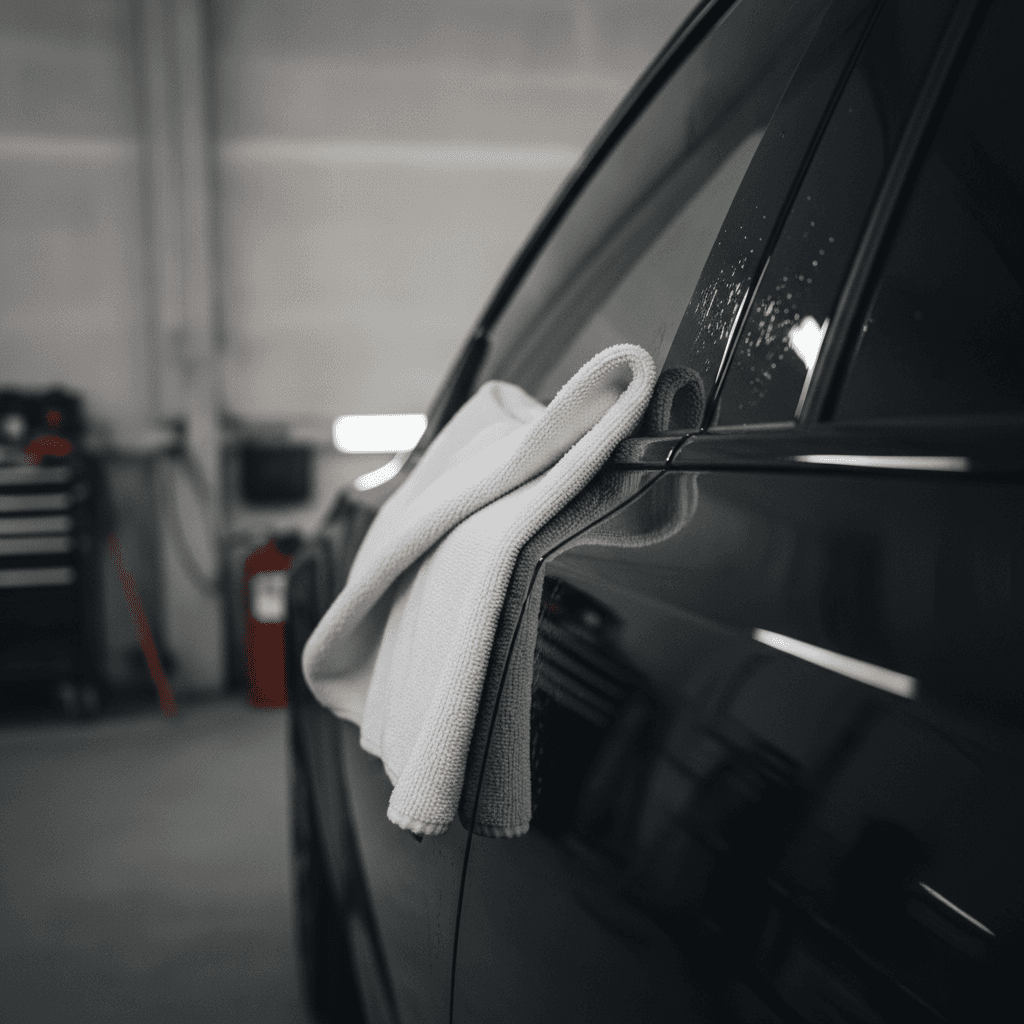 Microfiber cloth gliding across a ceramic-coated car door panel showing smooth surface