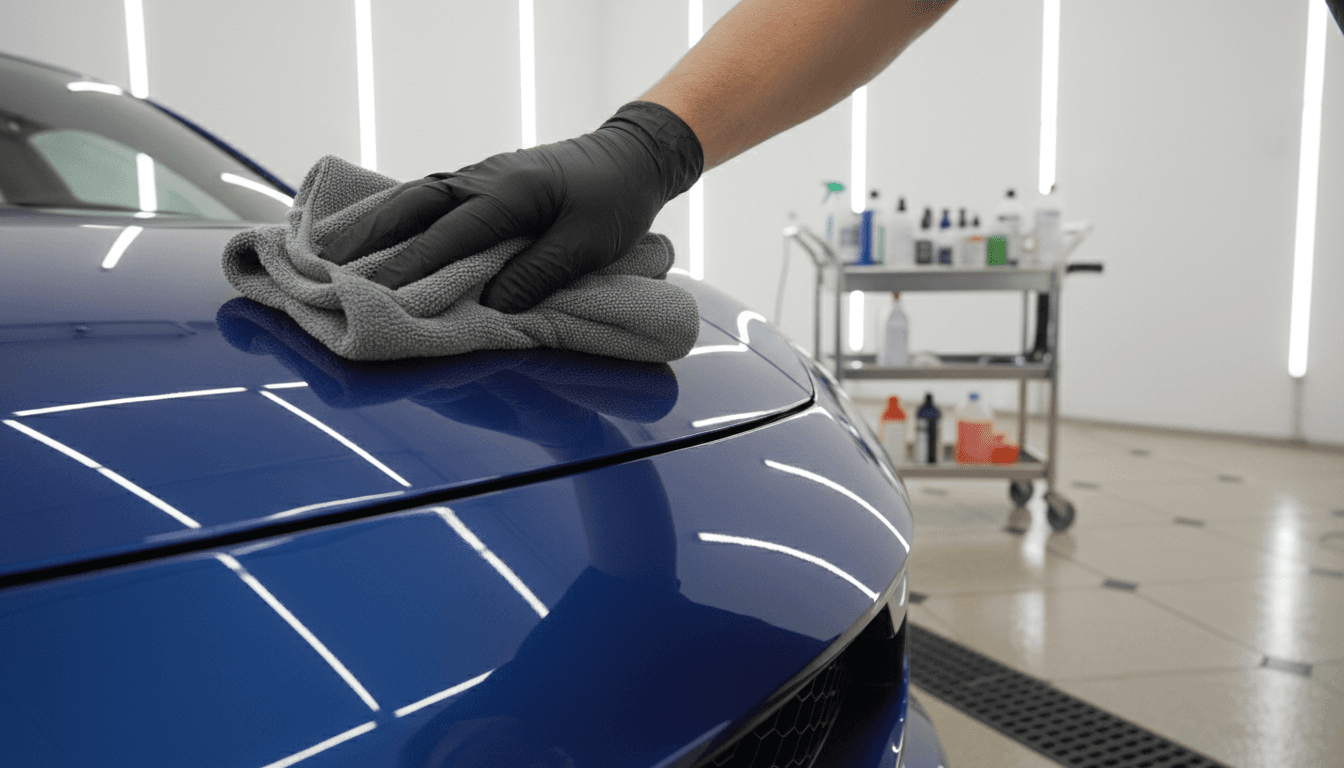 Professional hand polishing car paint to a mirror shine