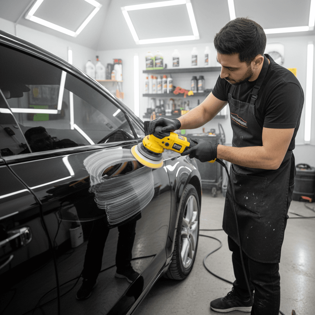 Auto detailer using a polisher to correct paint on a car door panel in a professional workshop