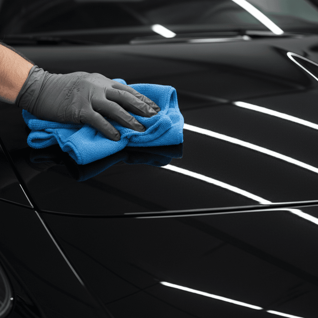 Hand polishing a black sports car hood to a mirror finish