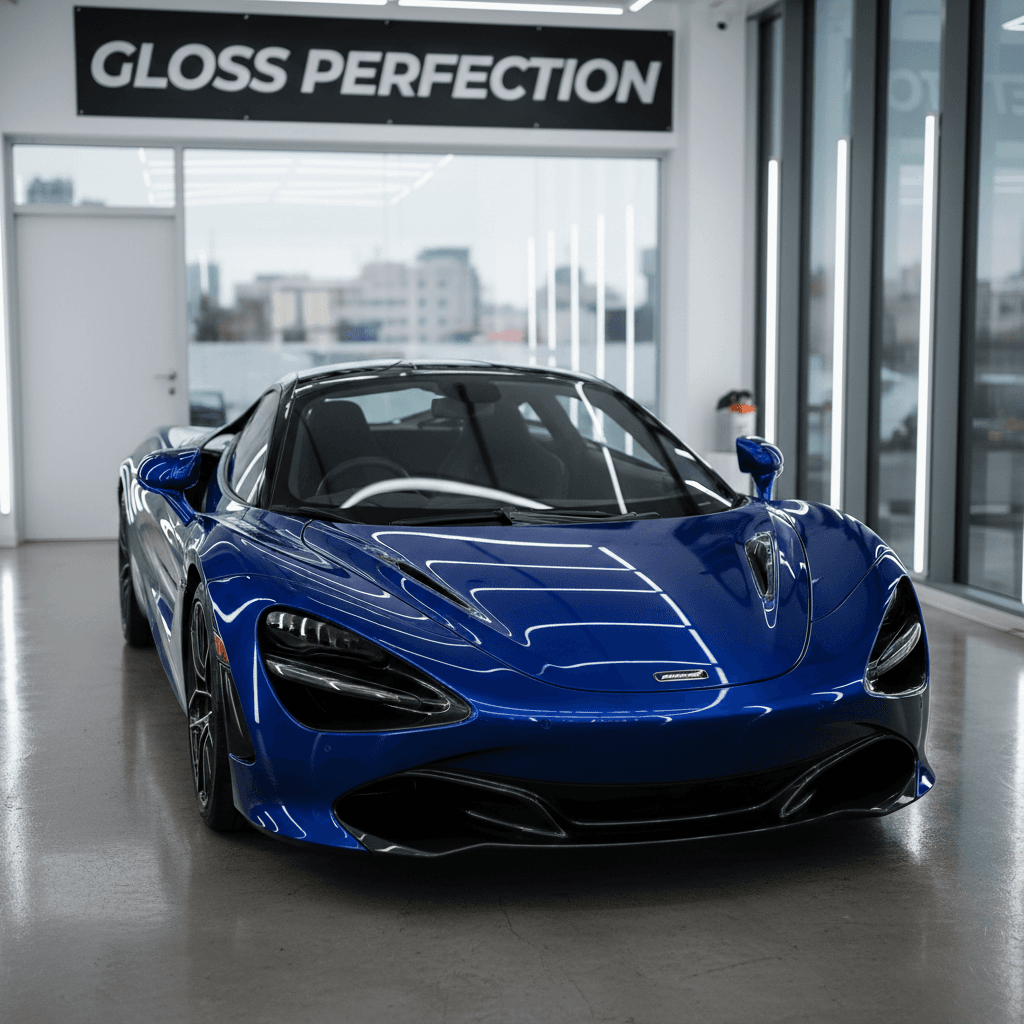 Glossy car paint reflecting showroom lighting after correction detail