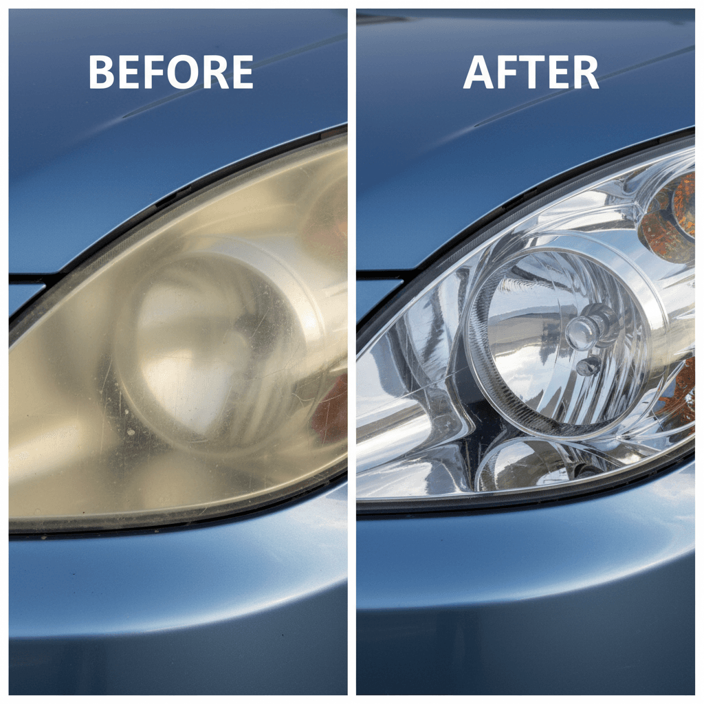 Before and after of headlight restoration showing clarity difference