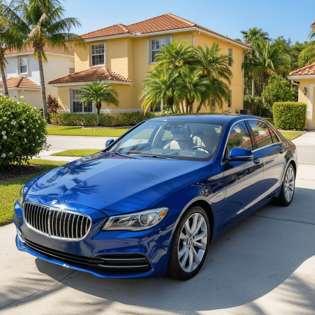 Sedan in a Davie driveway with glossy paint finish under Florida sun