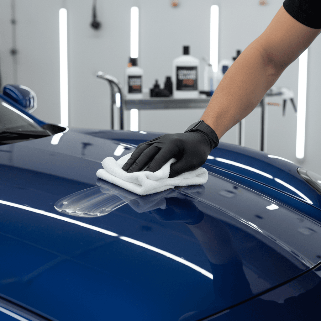 professional auto detailer applying liquid ceramic coating to a car panel with microfiber cloth