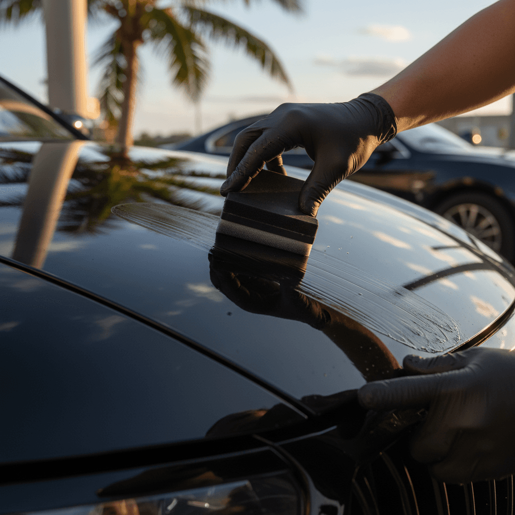 Technician hands applying ceramic spray coating to a black car hood