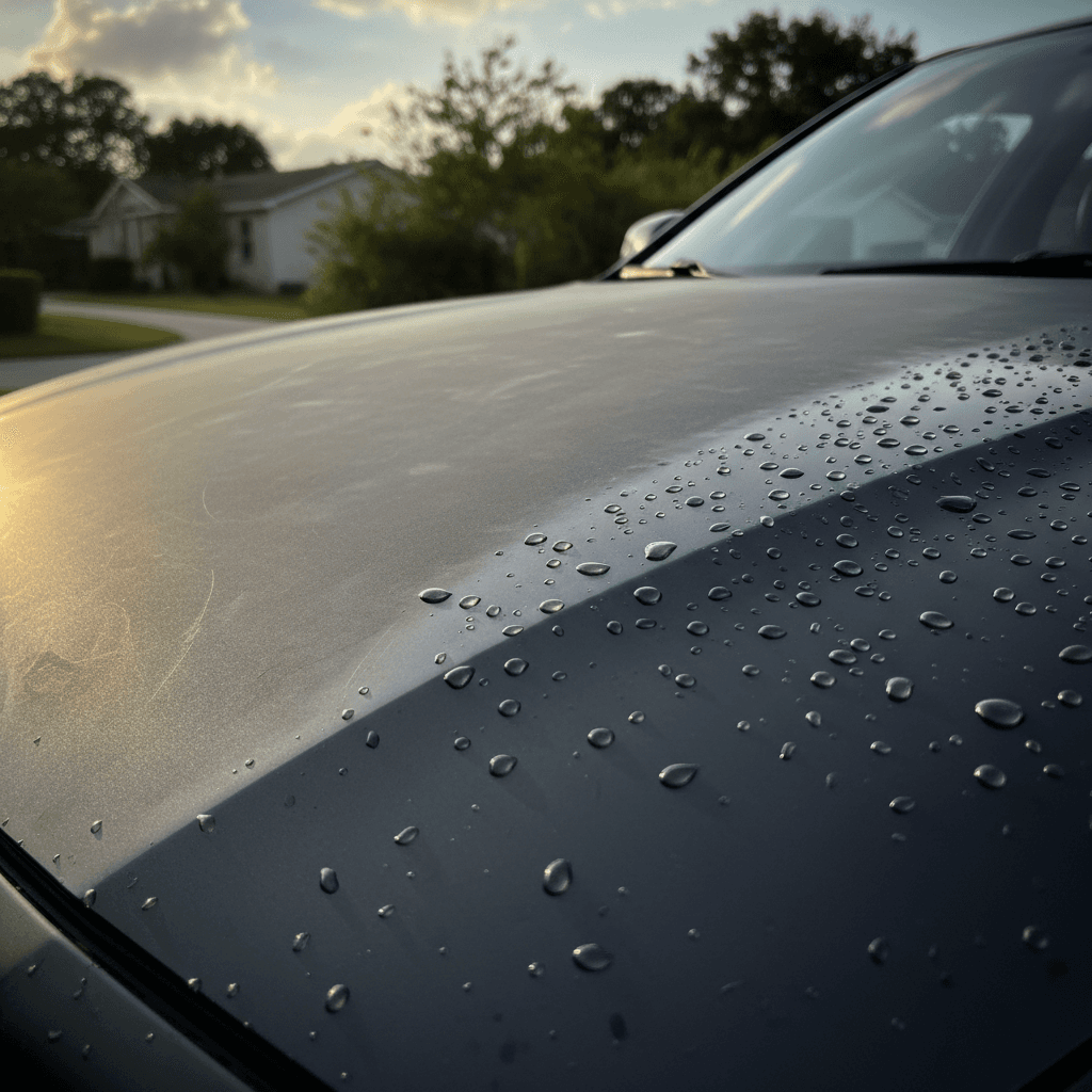 Extreme close-up of a sedan hood showing half oxidized paint and half polished reflective finish, with water beads on the detailed side.