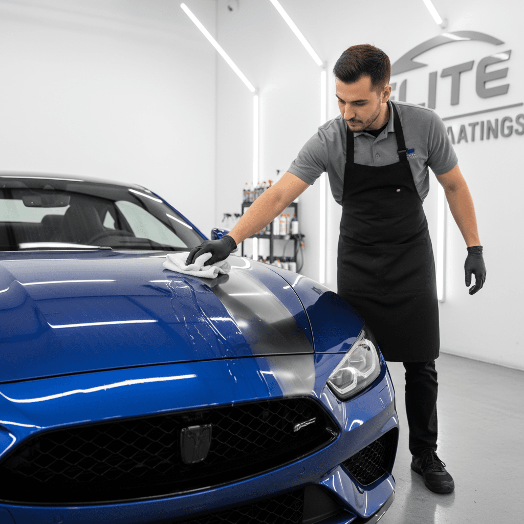 Auto detailer applying ceramic coating to a luxury vehicle in Weston