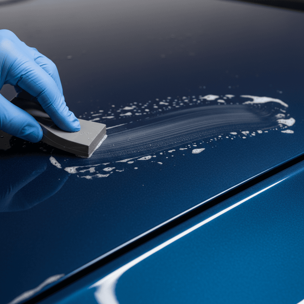 Close-up of clay bar treatment on car paint