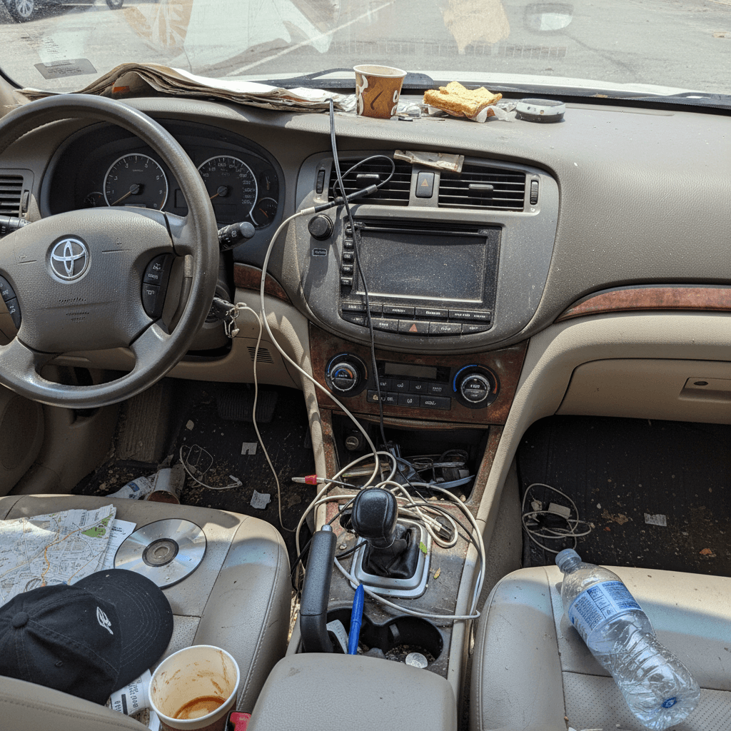 Messy car dashboard and center console covered in dust and debris before cleaning