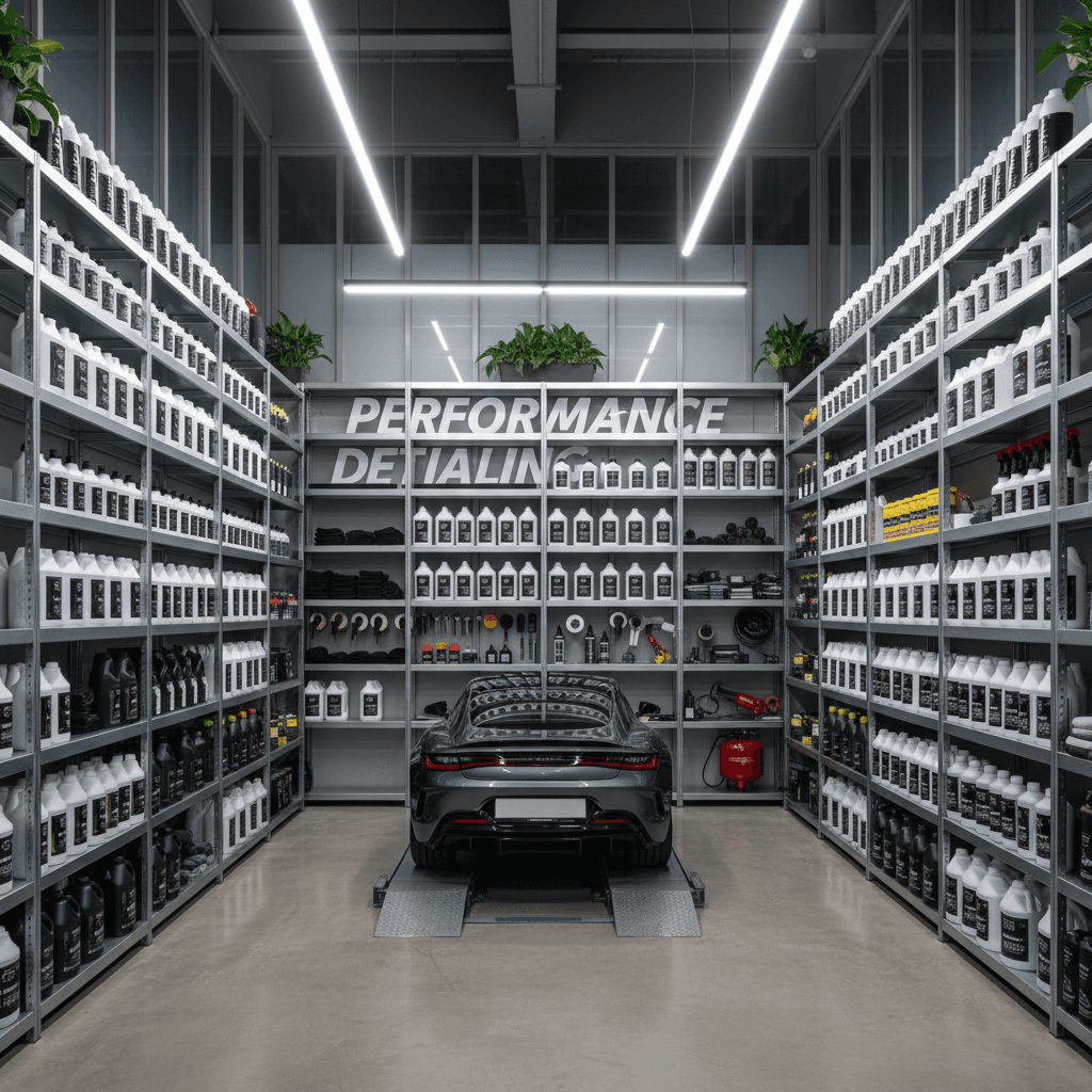 Organized detailing product shelves in workshop