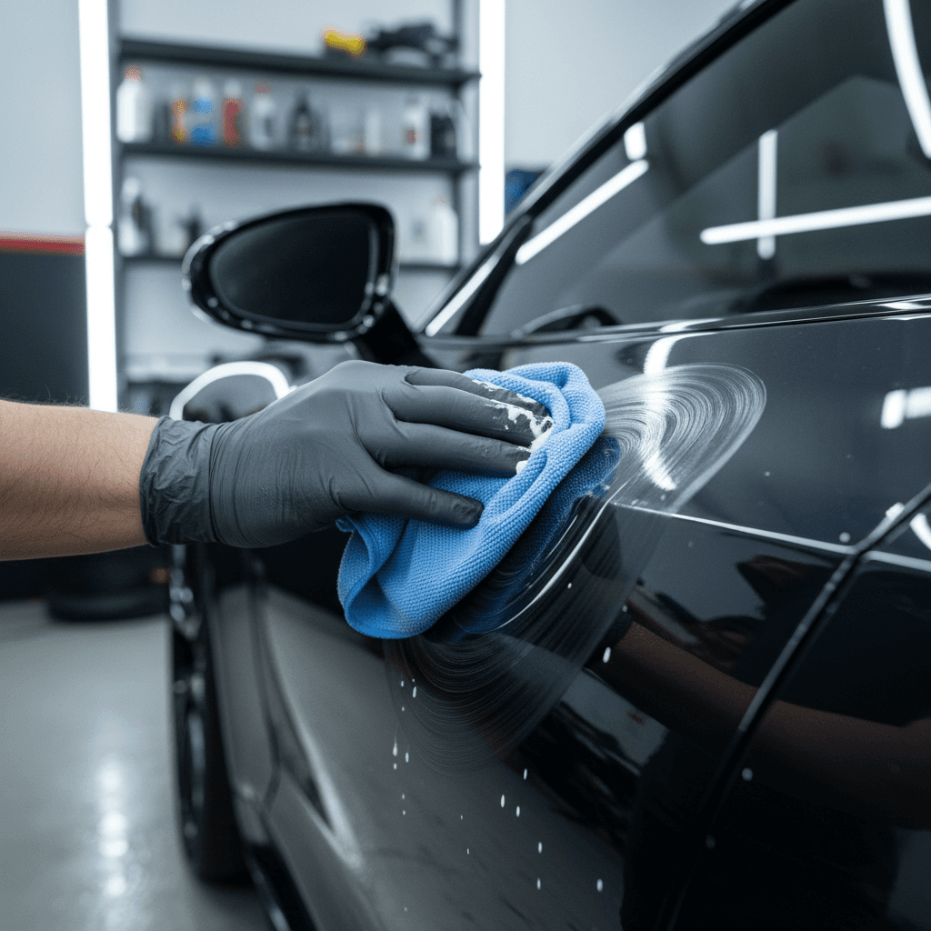Detailer's hand applying polish to a car door panel with a microfiber cloth
