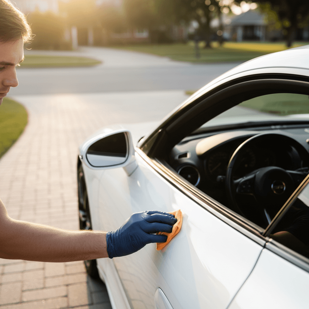 Technician applying ceramic coating to a car door panel