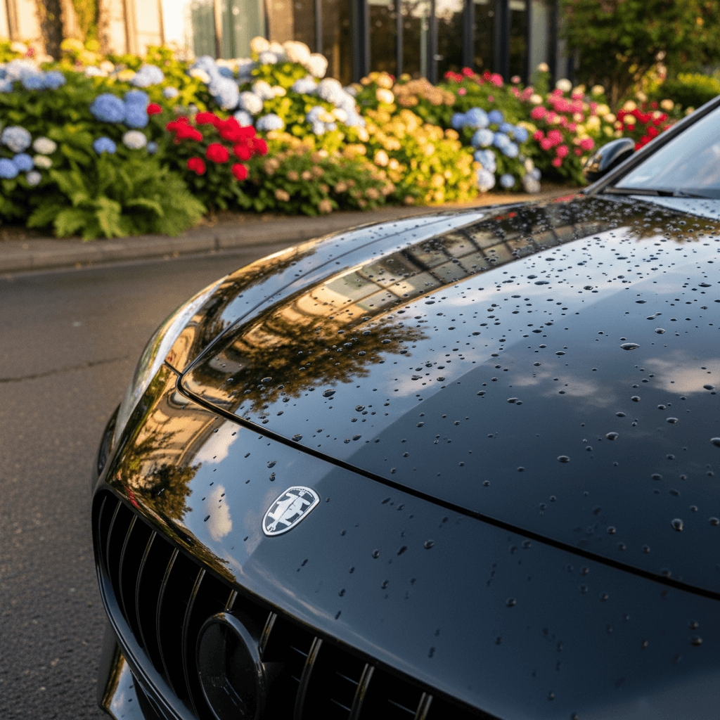 shiny black car parked outside with vibrant reflection and water droplets beading on hood