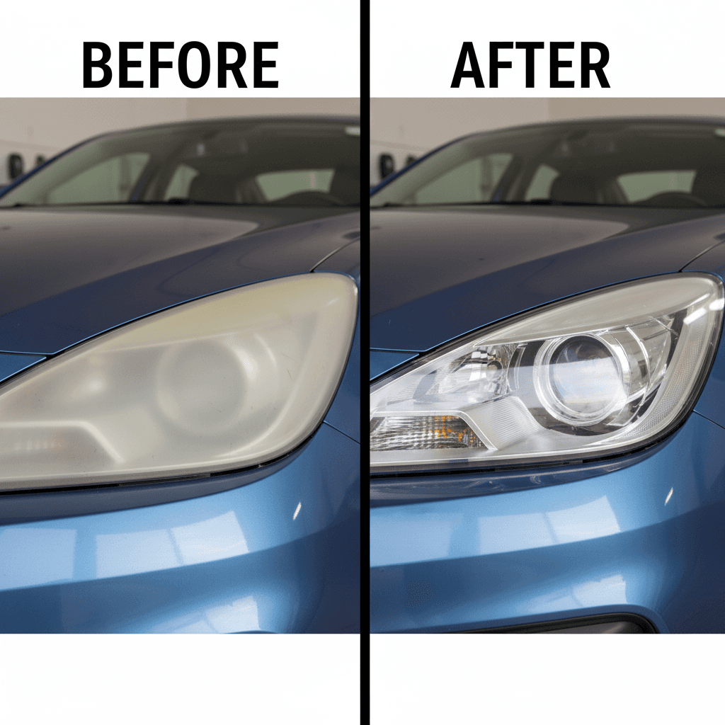 Yellowed oxided headlight lens before restoration and clear bright headlight after restoration