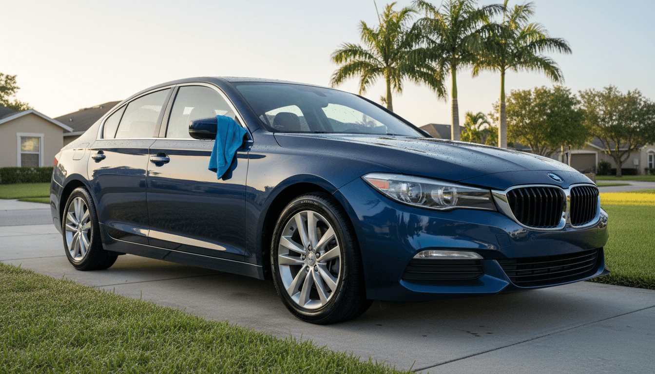 Freshly detailed sedan gleaming in a Doral driveway with palm trees in background
