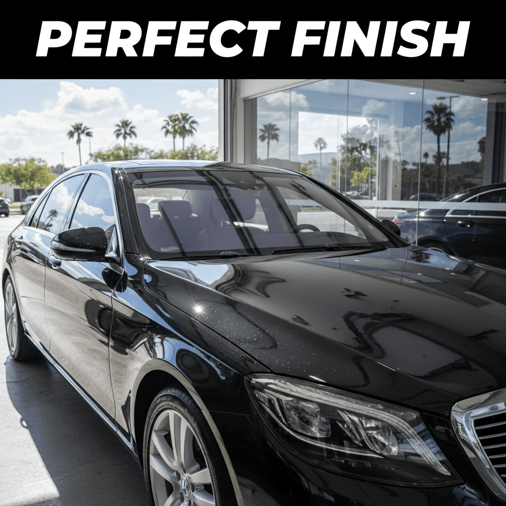 Black luxury sedan with deep mirror-like finish after paint correction