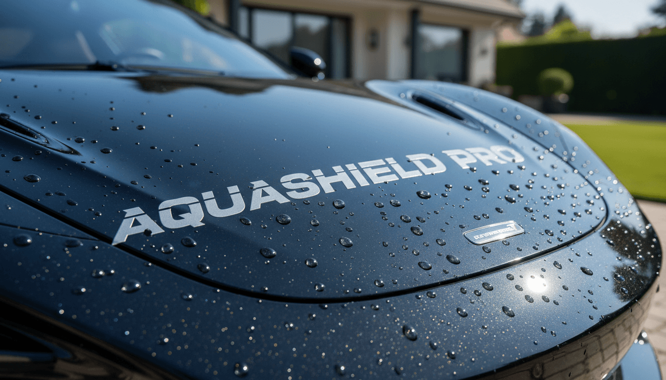 Close up of water beading on ceramic coated luxury car hood