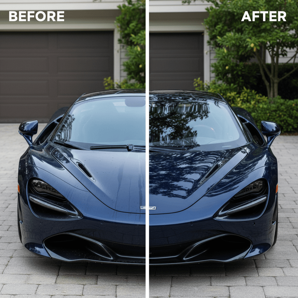 Red Ferrari with ceramic coating, before and after comparison showing deep gloss