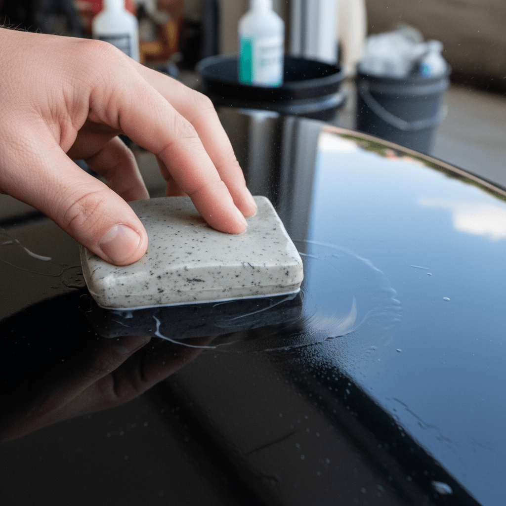 Clay bar lubricating and gliding across a car's paint panel