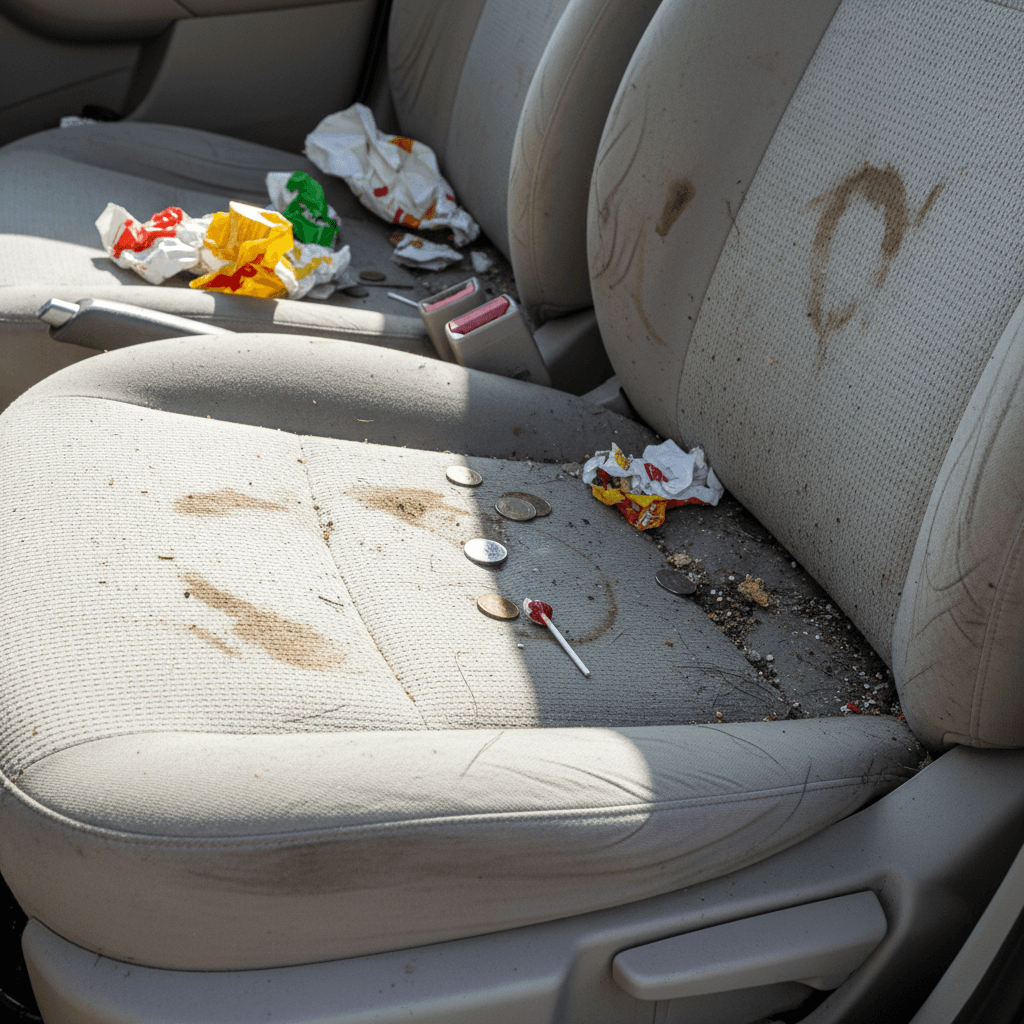 Close up of a stained and soiled car seat before detailing, showing accumulated grime