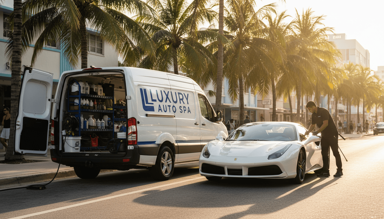 Mobile detailing van on a palm-lined South Beach street with a Ferrari