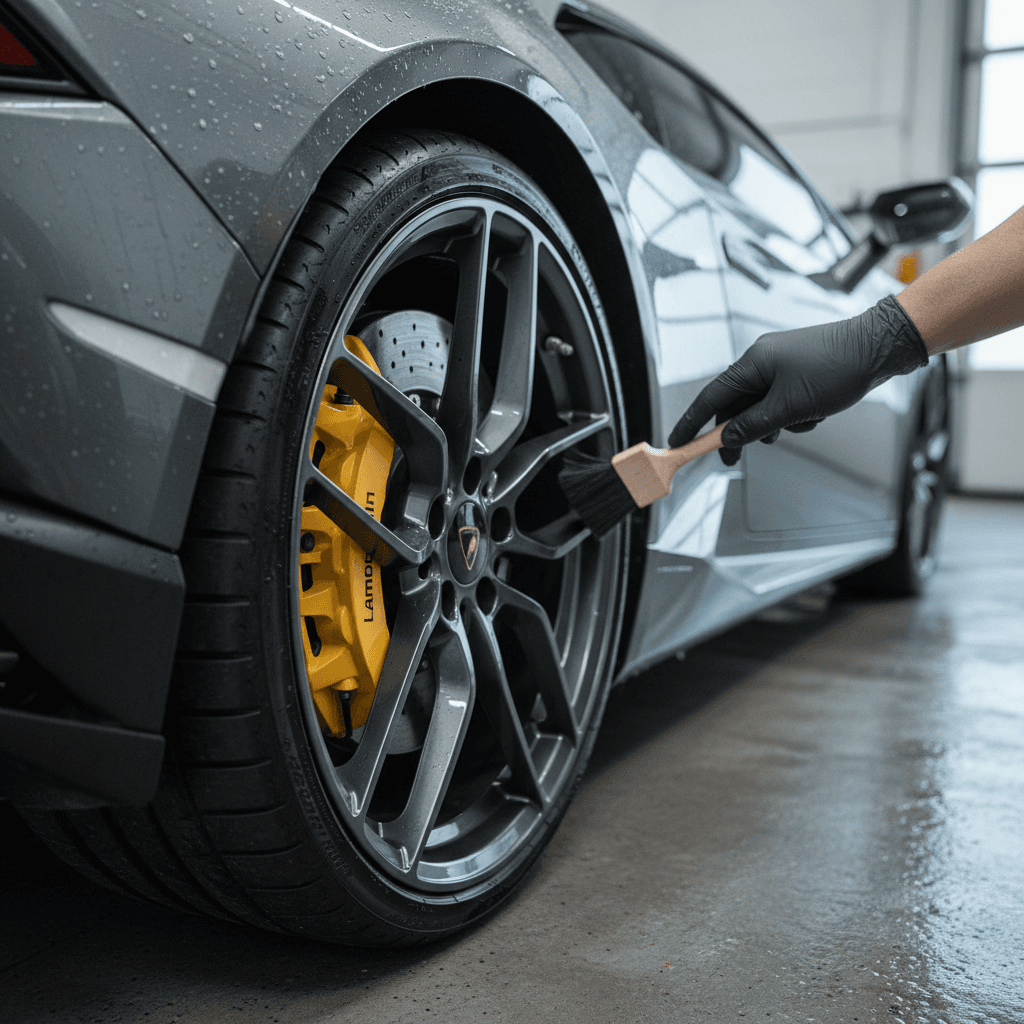 Close-up of a Lamborghini wheel and brake caliper during detailing