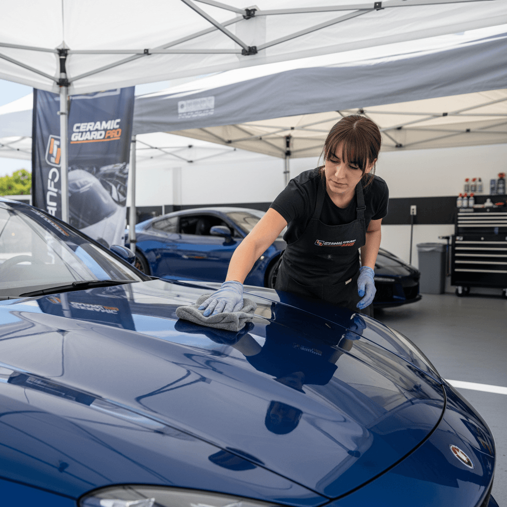 Detailer applying ceramic coating on a sedan's hood at a driveway