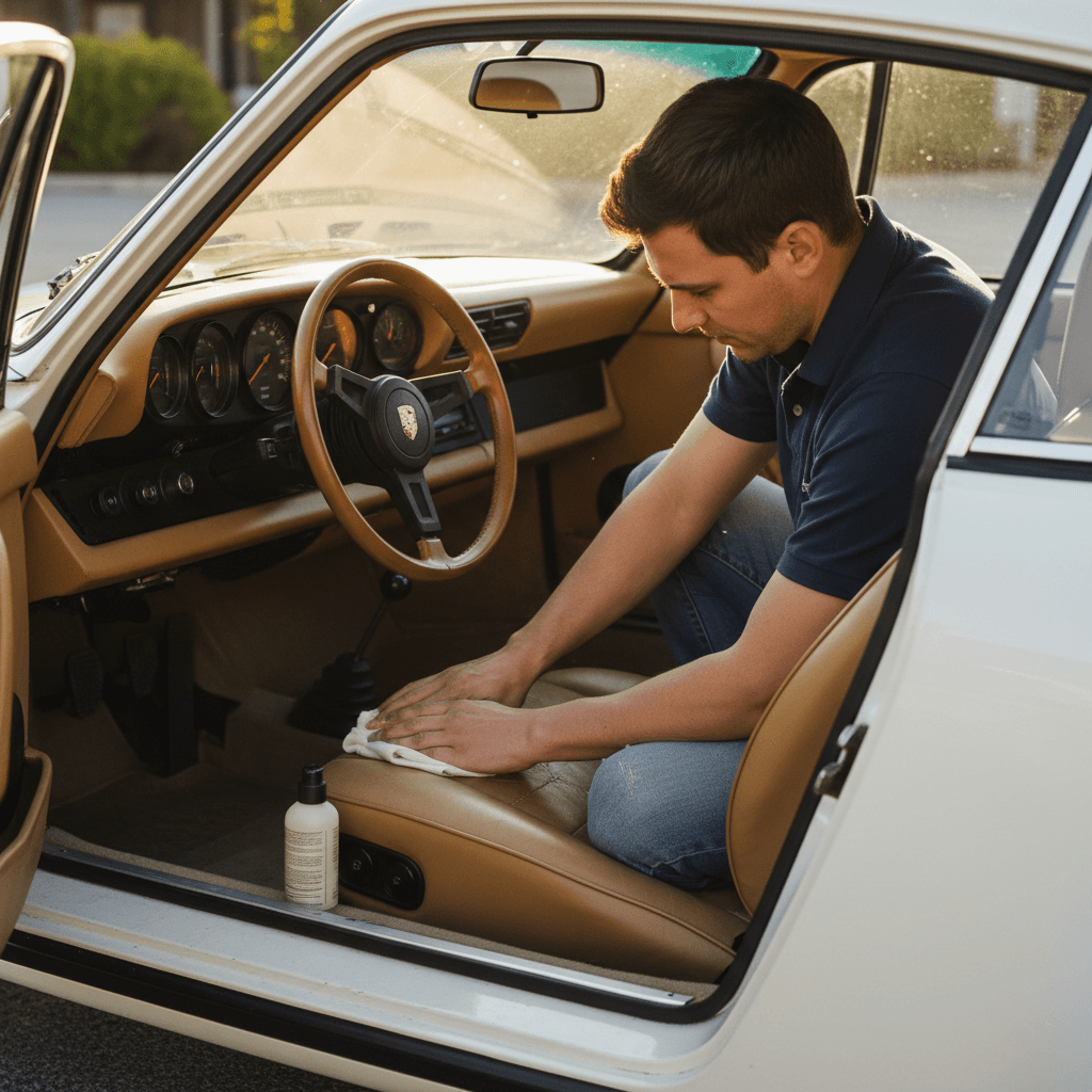 Detailer conditioning the leather seats of a white Porsche 911