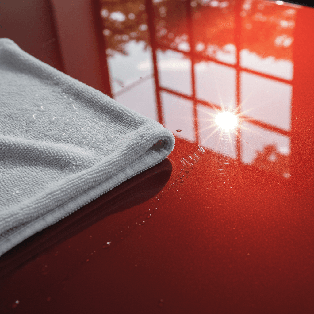 Microfiber cloth polishing a glossy car hood