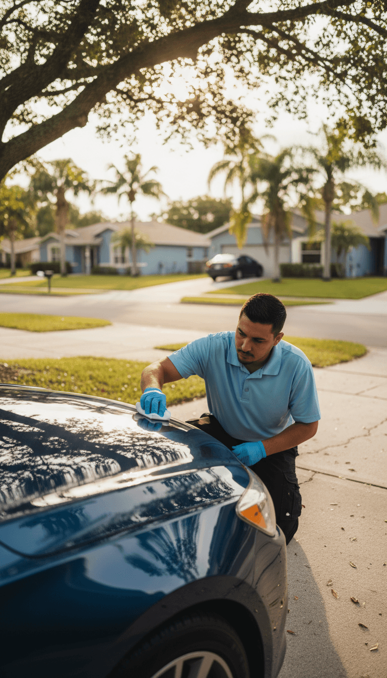 Mobile auto detailer applying ceramic coating to a sedan in a Davie driveway