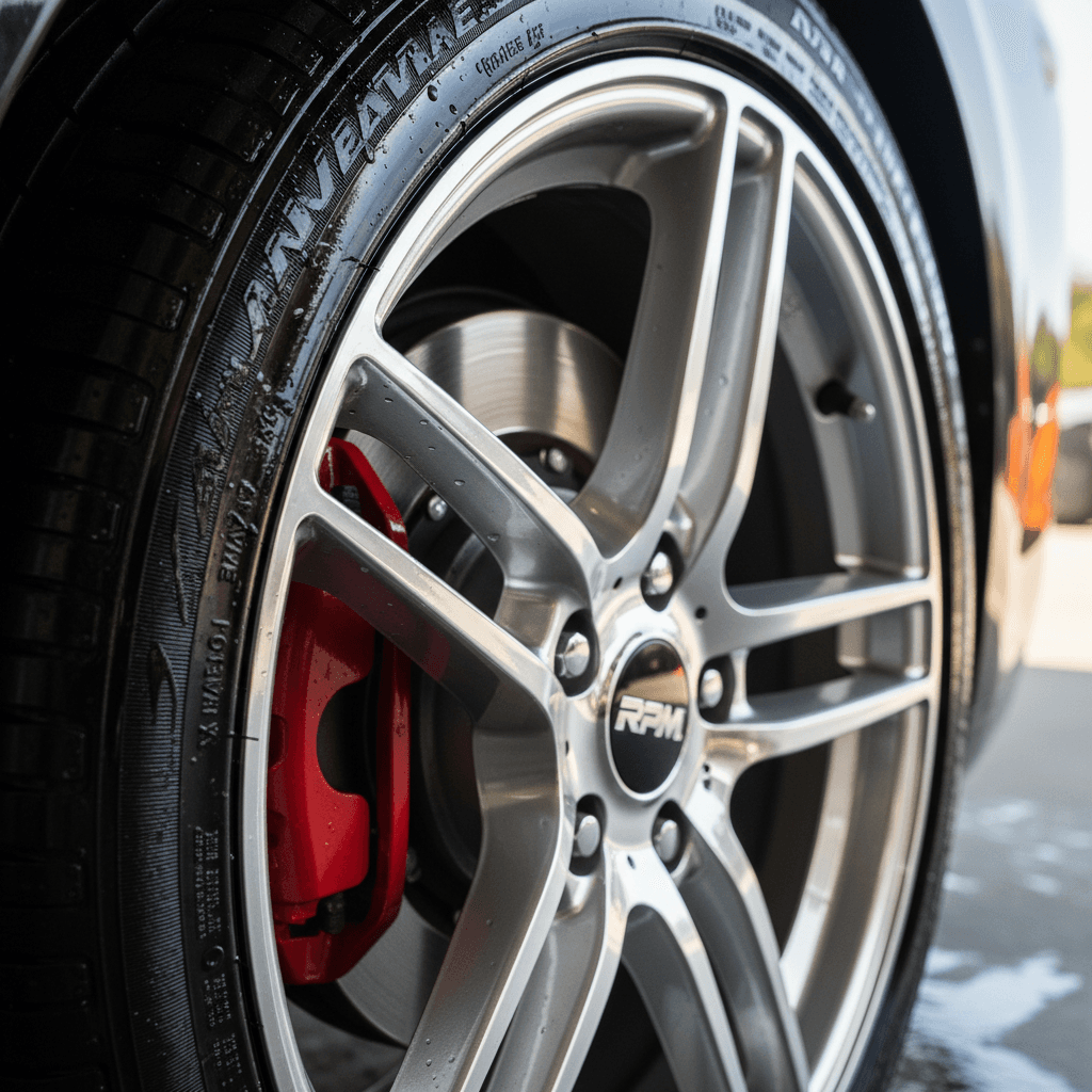 Closeup of car tire with shine after detailing clean wheel