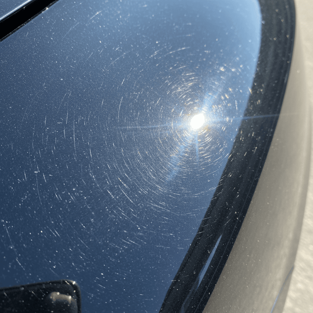 Close-up of paint showing heavy swirl marks and light scratches before correction
