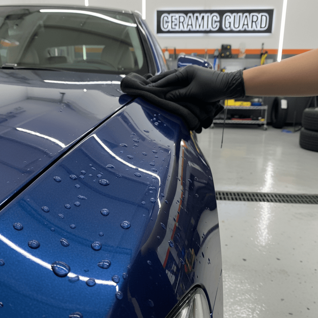 Close up of ceramic coated paint on luxury sedan, mirror finish