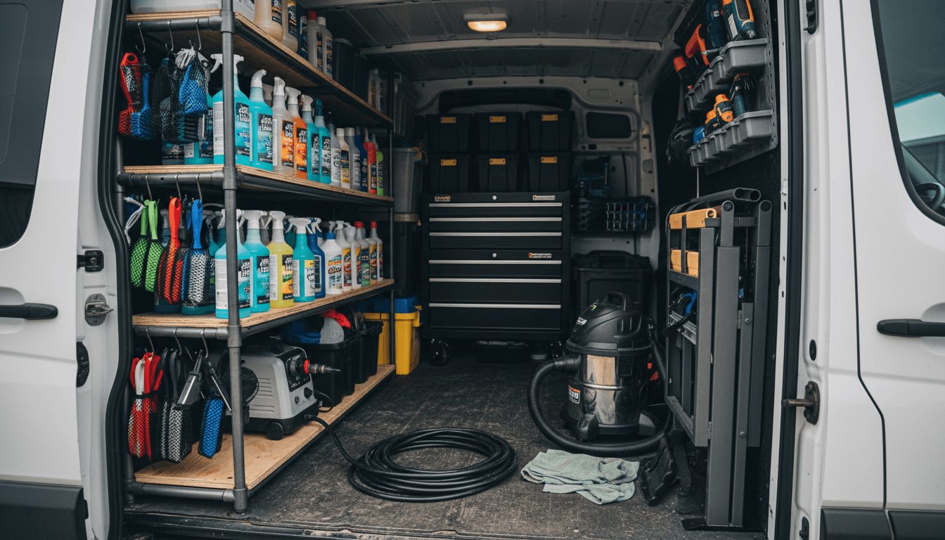 Mobile detailing van interior with supplies