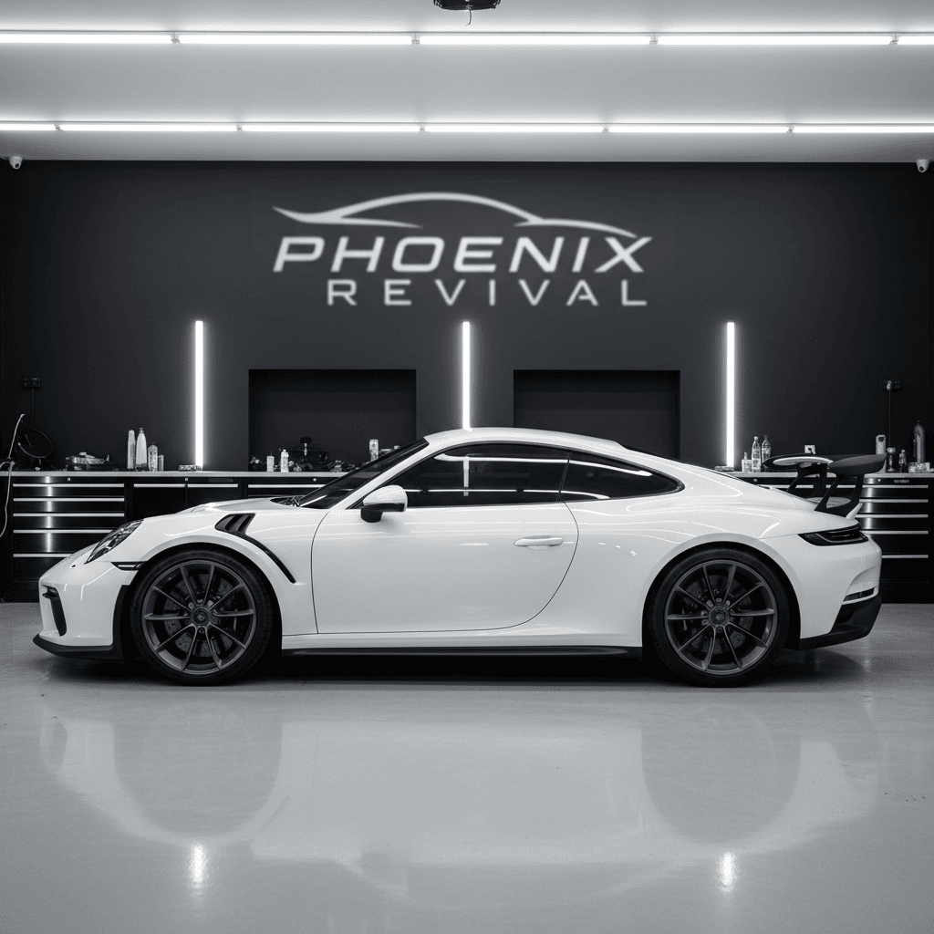 Side profile of a white luxury sports car with restored glossy paint in a clean garage setting
