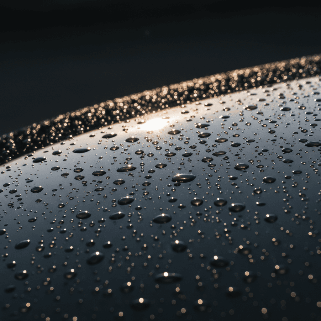 Water beading on a freshly clayed car hood after a hand wash