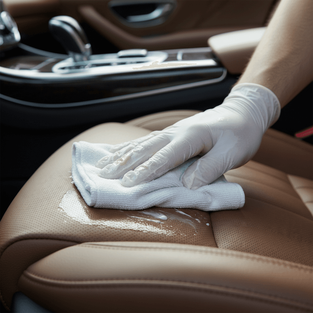 closeup of hand applying leather conditioner on car seat with cloth