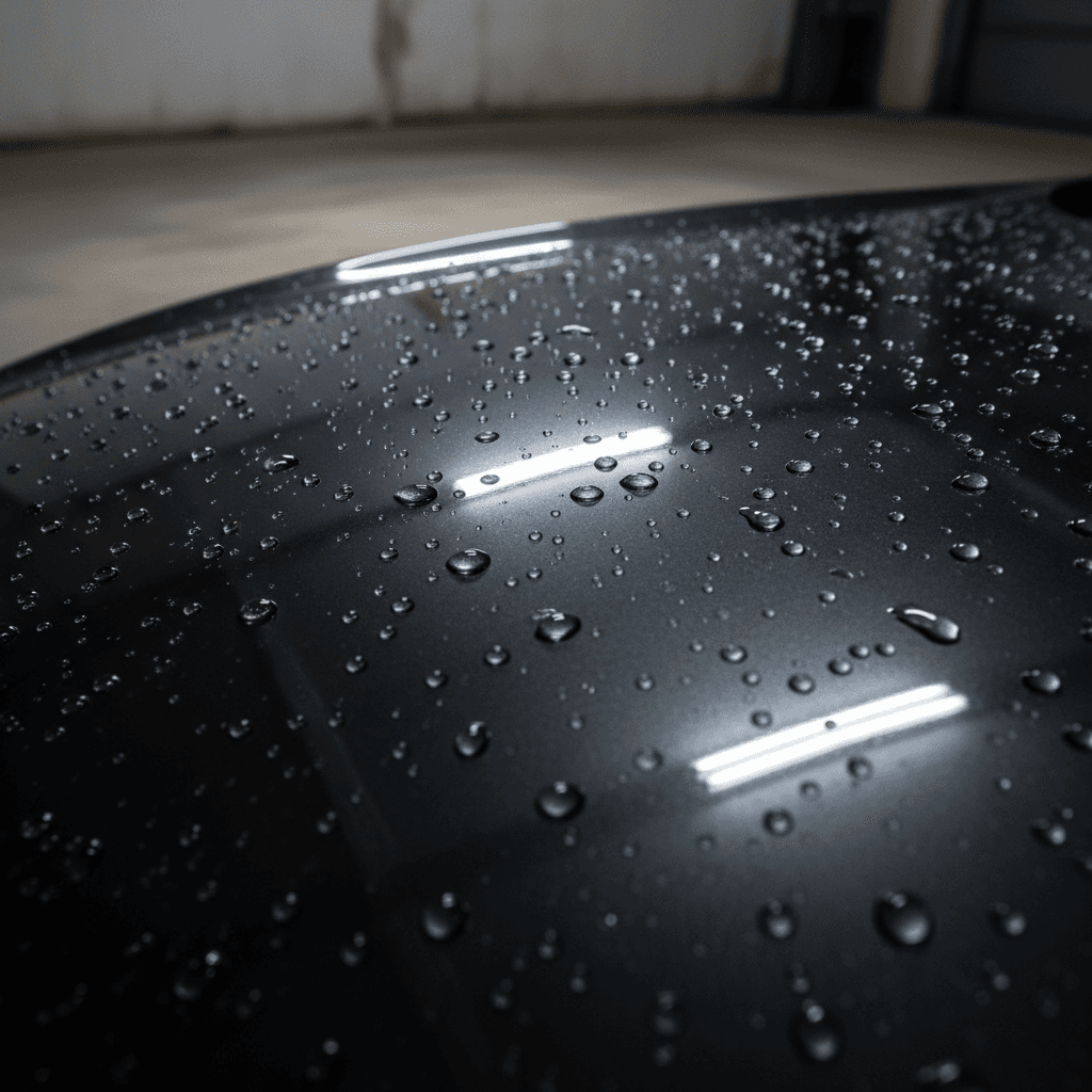 Water beading on a car hood after a rinse, showing hydrophobic effect