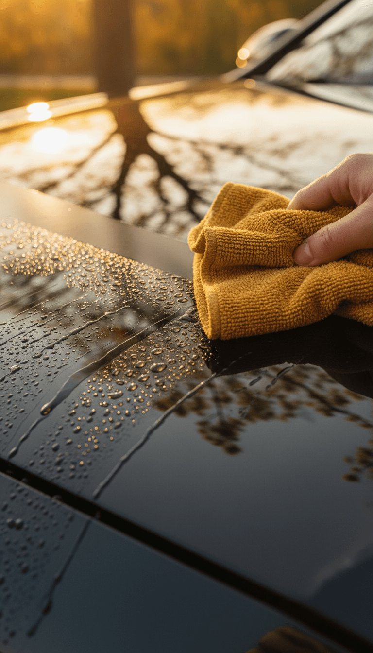 Microfiber cloth gliding across a glossy car hood, leaving a streak-free shine