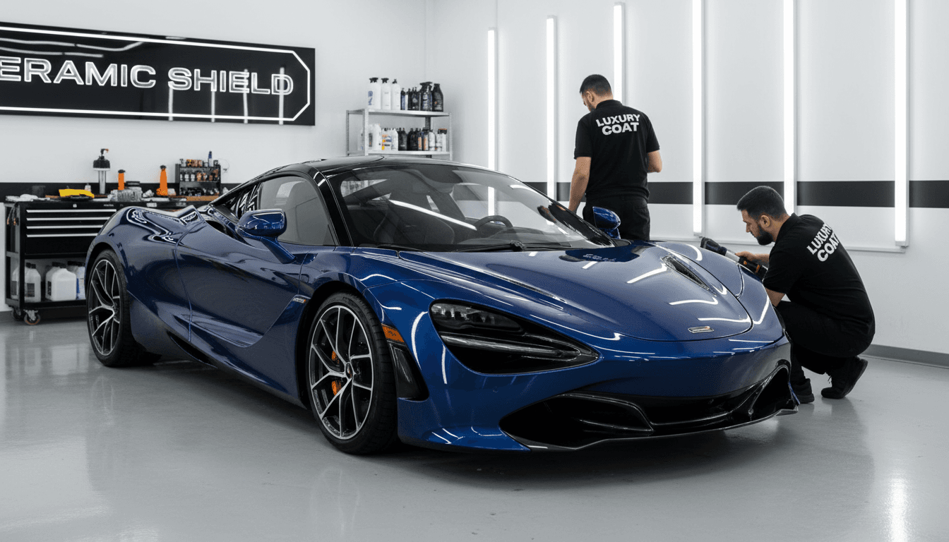Glossy luxury car hood with ceramic coating protection in a professional garage