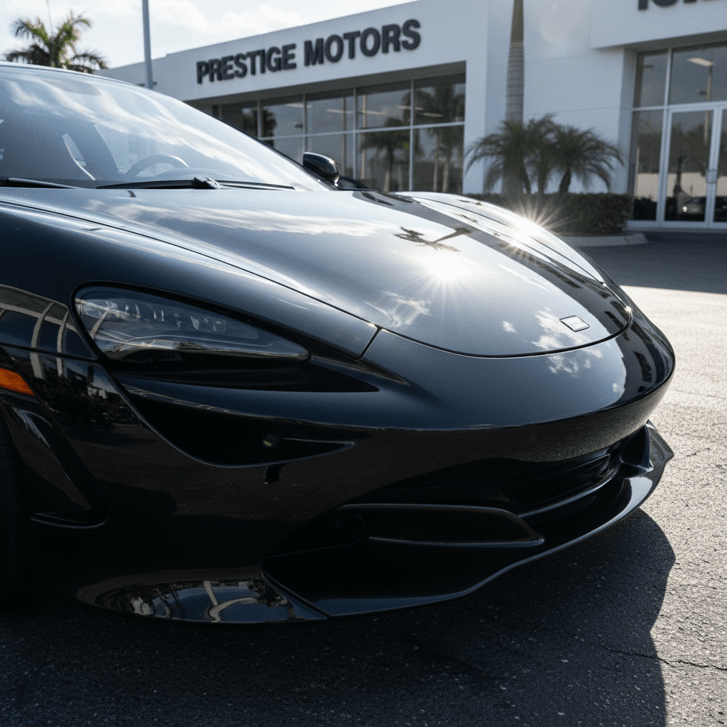 Luxury black car with swirl-free paint finish under bright sunlight showing clear reflection