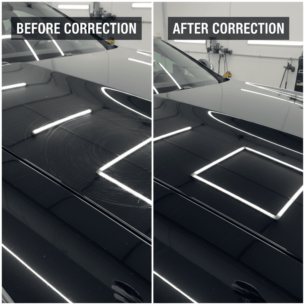 Black sedan hood with heavy swirl marks on left half and mirror-like reflection on right half after paint correction