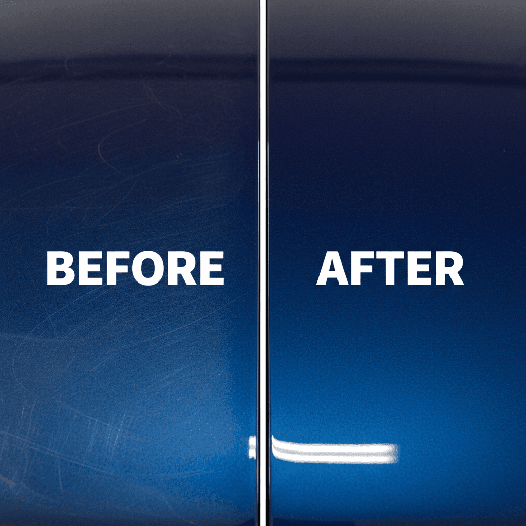 Close up comparison of car paint before and after swirl mark removal